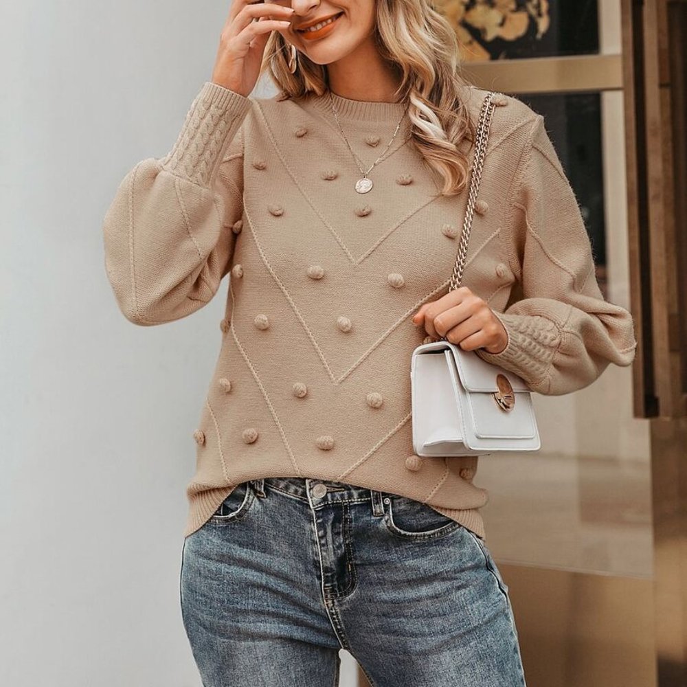 Simplee Lantern Sleeve Popcorn Knit Sweater